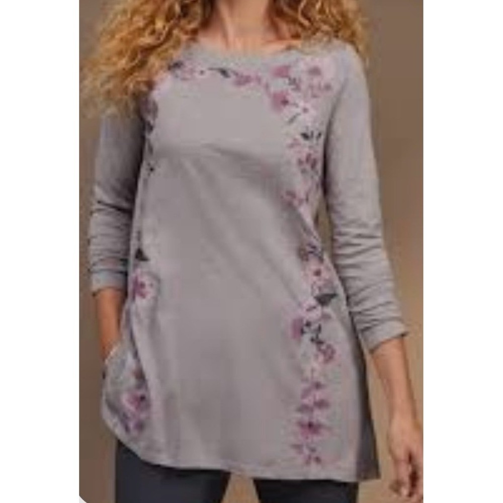 Pure J. Jill Embroidered Dipped Hem Tunic Gray Floral 2X Boho Transitional